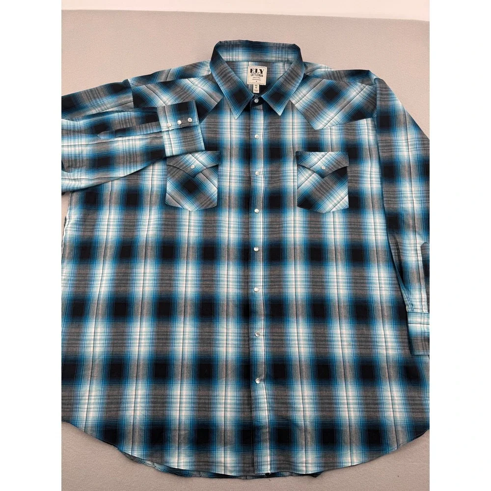 Ely Cattleman Pearl Snap Mens 4XB Blue Plaid Western Long Sleeve Shirt Cowboy